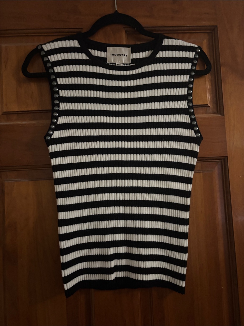 Industry Black and White Striped Ribbed Tank with Stud Trim